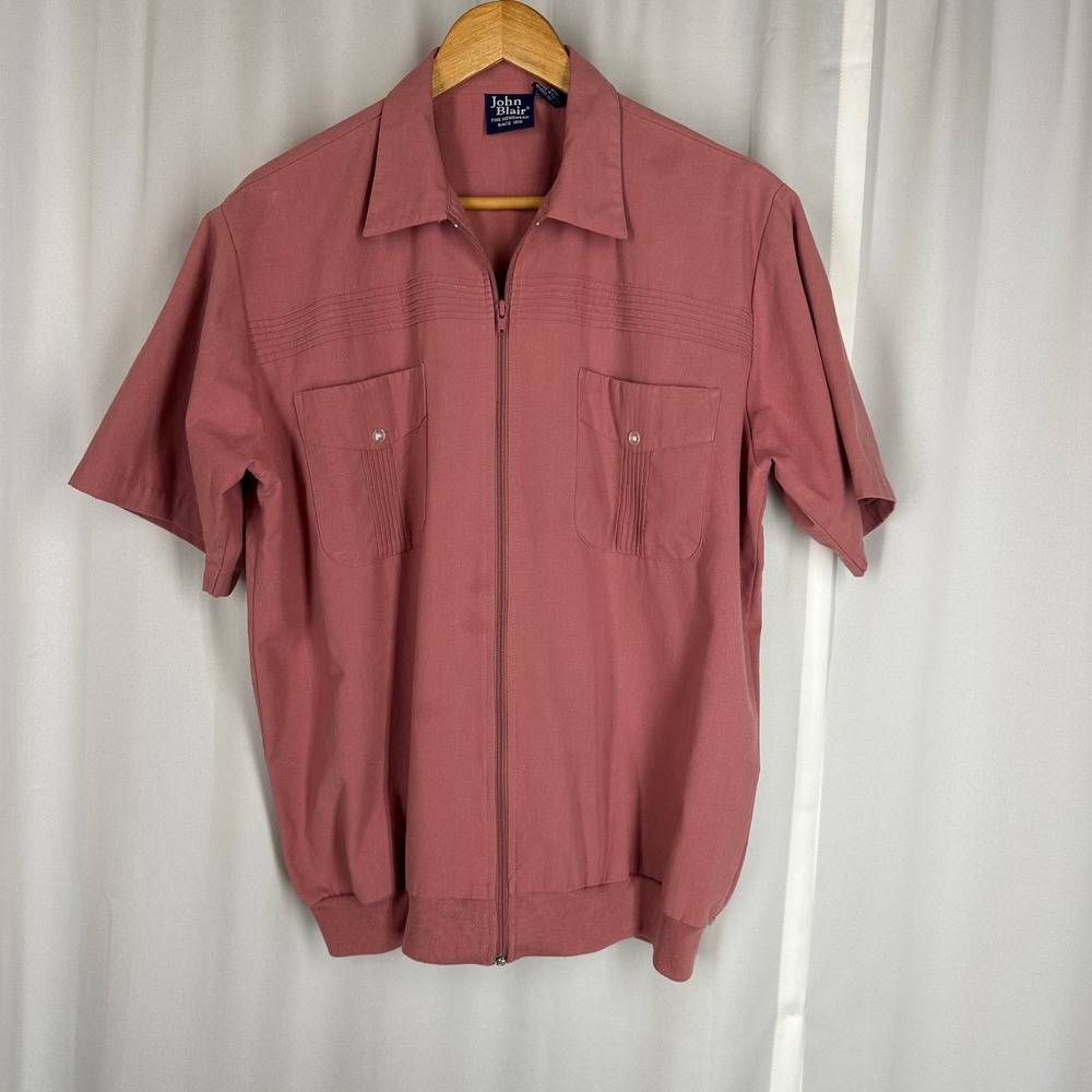 John Blair Shirt Mens L Pink Zip Front Short Sleeve‎ Retro Casual Vintage READ